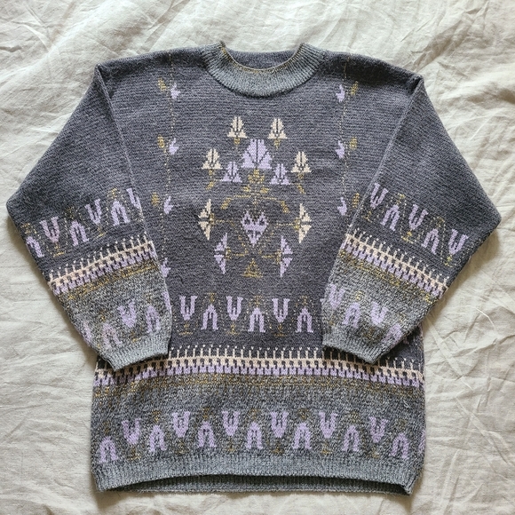 Vintage Weekend Edition Grey  Metallic Gold Geometric Mock Neck Knit Sweater - Picture 10 of 16